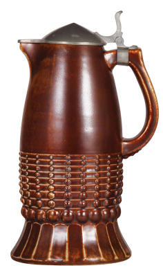 Stoneware stein, 11.9'' ht., relief, marked 2187, made by Reinhold Merkelbach, designed by Paul Wynand, brown saltglaze, Art Nouveau, pewter lid, mint.