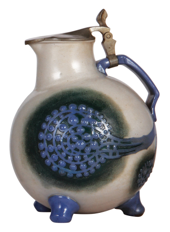 Stoneware stein, 3.0L, relief, design by R. Riemerschmid, model #1758, by Reinhold Merkelbach, Art Nouveau, blue & gray saltglazes & rare green accent saltglaze, pewter lid, small flaw [looks like a chip] on underside of one foot.