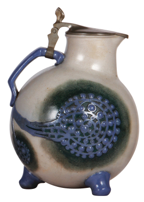 Stoneware stein, 3.0L, relief, design by R. Riemerschmid, model #1758, by Reinhold Merkelbach, Art Nouveau, blue & gray saltglazes & rare green accent saltglaze, pewter lid, small flaw [looks like a chip] on underside of one foot. - 2