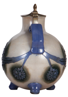 Stoneware stein, 3.0L, relief, design by R. Riemerschmid, model #1758, by Reinhold Merkelbach, Art Nouveau, blue & gray saltglazes & rare green accent saltglaze, pewter lid, small flaw [looks like a chip] on underside of one foot. - 3