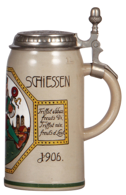 Stoneware stein, 1.0L, transfer & hand-painted, Probe Schiessen, 8. Juli 1906, signed F.M., relief pewter lid: 15. Deutsches Bundesschiessen, München, 1906, mint. - 2