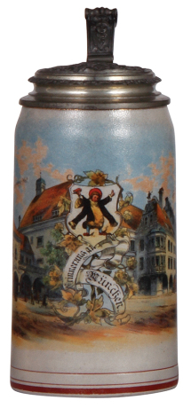 Stoneware stein, 1.0L, transfer & hand-painted, marked L. Mory, München, Kgl. Hofbräuhaus, relief pewter lid: München, mint.