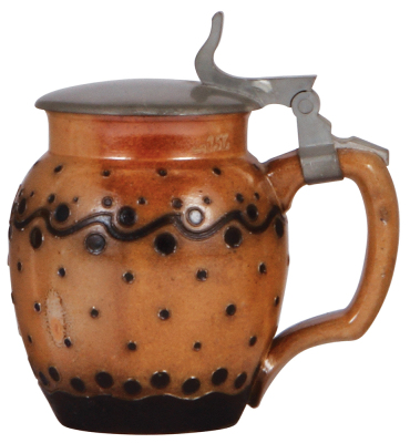 Stoneware stein, .5L, marked 1770, by Reinhold Merkelbach, design by R. Riemerschmid, Art Nouveau, brown & black saltglazes, pewter lid, mint.