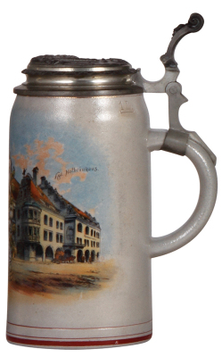 Stoneware stein, 1.0L, transfer & hand-painted, marked L. Mory, München, Kgl. Hofbräuhaus, relief pewter lid: München, mint. - 2