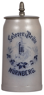 Stoneware stein, 1.0L, incised, Lederer = Bräu Nürnberg, pewter lid, mint.