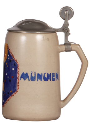 Stoneware stein, 1.0L, transfer & hand-painted, marked 6135, Gruss aus München, by L. Hohlwein, pewter lid, mint. - 2