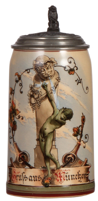 Pottery stein, 1.0L, hand-painted, marked M. & W. Gr., Gruss aus München, relief pewter lid: Munich scene, mint.