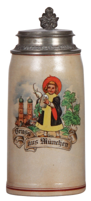 Stoneware stein, 1.0L, transfer & hand-painted, marked Pauson München, Münchener Kindl, pewter lid dated 1934, pewter tear repaired, otherwise mint.