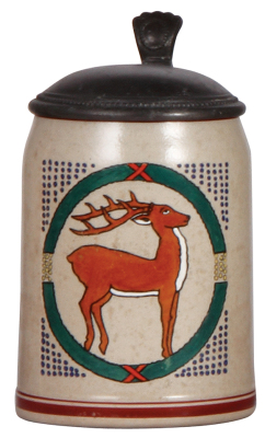 Stoneware stein, .5L, transfer & hand-painted, marked Marzi & Remy, design attributed to Ludwig Hohlwein, pewter lid, even discoloration on body, mint.