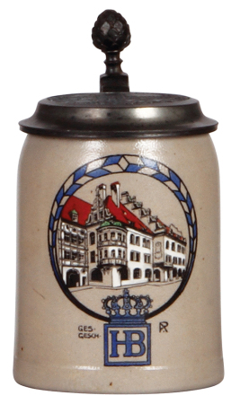 Stoneware stein, .5L, transfer & hand-painted, Kgl. Hofbräuhaus, by F. Ringer, relief pewter lid: scene of Kgl. Hofbräuhaus, mint.