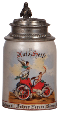 Stoneware stein, .5L, transfer & hand-painted, Auto Heil!, Automobil Führer Verein München 1903, pewter lid: München, very good repair of pewter tear, body mint.