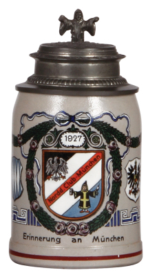 Stoneware stein, .5L, transfer & hand-painted, marked Marzi & Remy, Nordd. Club München, 1927, relief pewter lid: Munich scene, mint.