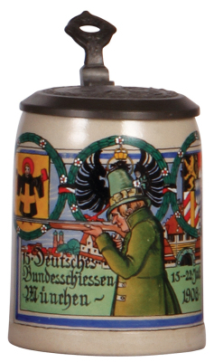 Stoneware stein, .5L, transfer & hand-painted, by F. Ringer, 15. Deutsches Bundesschiessen, München, 15. - 22. Juli, 1906, pewter lid, mint.