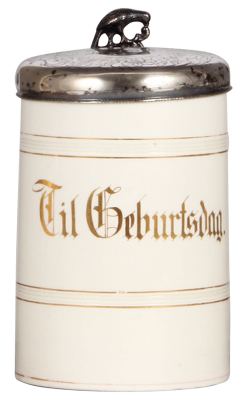 Stoneware tankard, 1.0L, Til Geburtsdag, silver lid, engraved inscription: 1702, good condition.