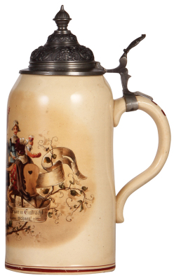 Pottery stein, 2.0L, 12.9" ht., transfer & hand painted, Gasthaus scene, high-quality pewter lid marked München, dated 1888, pewter repair, otherwise mint. - 2