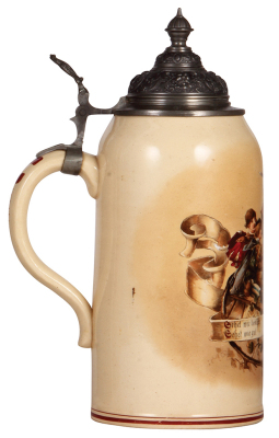 Pottery stein, 2.0L, 12.9" ht., transfer & hand painted, Gasthaus scene, high-quality pewter lid marked München, dated 1888, pewter repair, otherwise mint. - 3