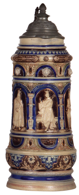 Stoneware stein, 3.0L, 14.7" ht., relief, marked 224, Friedrich der Erste, Heinrich der Sechste, Philipp von Schwaben, Otto der Vierte, Friedrich der Zweite, blue & purple saltglazes, gilded, pewter lid, faint 1" line in base.