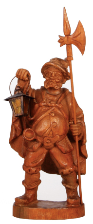 Black Forest wood carving, 21.5" ht. x 8.0'' w. x 5.0'' deep, linden wood, Night Watchman, mid to late 1900s, metal lantern, light has been rewired & working properly, very good quality and condition.