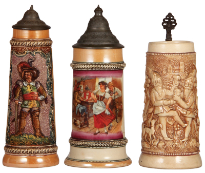 Three Diesinger steins, pottery, 9.6" ht., 602, relief, lid dented & thumblift missing; with, .5L, transfer & hand-painted, pewter lid, good condition; with, .5L, 777, relief, no lid, good condition.