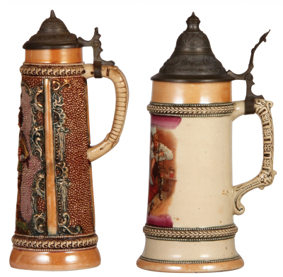 Three Diesinger steins, pottery, 9.6" ht., 602, relief, lid dented & thumblift missing; with, .5L, transfer & hand-painted, pewter lid, good condition; with, .5L, 777, relief, no lid, good condition. - 2