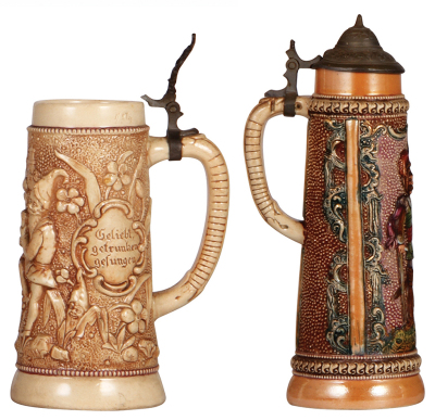 Three Diesinger steins, pottery, 9.6" ht., 602, relief, lid dented & thumblift missing; with, .5L, transfer & hand-painted, pewter lid, good condition; with, .5L, 777, relief, no lid, good condition. - 3