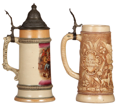 Three Diesinger steins, pottery, 9.6" ht., 602, relief, lid dented & thumblift missing; with, .5L, transfer & hand-painted, pewter lid, good condition; with, .5L, 777, relief, no lid, good condition. - 4