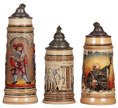 Three Diesinger steins, pottery, 10.2" ht., relief; with, .3L, 1167, relief; with .5L, threading & relief, Gambrinus, all have pewter lids, very good condition.