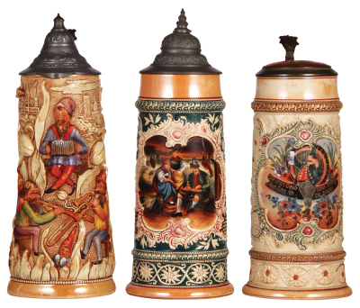 Three Diesinger steins, pottery, 1.0L+, 782, pitcher design, relief; with, 1.0L, 187, transfer & hand-painted with relief; with, 1.0L, 187, relief, inlaid lid, all have pewter lids, very good condition.