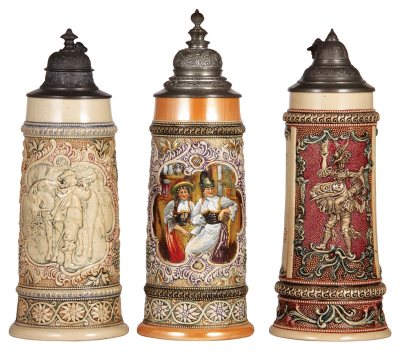 Three Diesinger steins, pottery, 1.0L, 205, relief; with, 1.0L, 197, relief; with, 1.0L, 510, relief, all have pewter lids, very good condition.