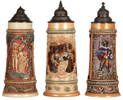 Three Diesinger steins, pottery, 1.0L, 589, relief; with, 1.0L, 197, relief; with, 1.0L, 588, relief, all have pewter lids, very good condition.