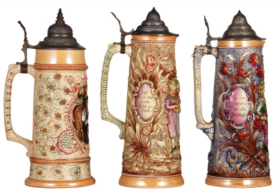 Three Diesinger steins, pottery, 1.0L, 197, relief; with, 1.7L, 13.1" ht., 744, relief, lid damaged; with, 1.7L, 12.8" ht., relief, tear repaired, all have pewter lids, all bodies good condition. - 2