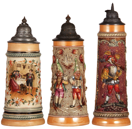 Three Diesinger steins, pottery, 1.0L, transfer & hand-painted with relief; with, 1.0L, 801, relief, lid tear & strap repair; with, 13.0" ht., 603, relief, all have pewter lids, good condition.