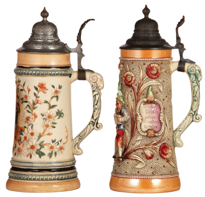 Three Diesinger steins, pottery, 1.0L, transfer & hand-painted with relief; with, 1.0L, 801, relief, lid tear & strap repair; with, 13.0" ht., 603, relief, all have pewter lids, good condition. - 2