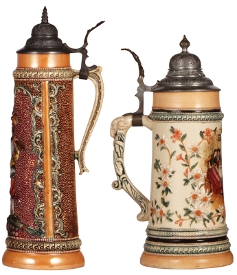 Three Diesinger steins, pottery, 1.0L, transfer & hand-painted with relief; with, 1.0L, 801, relief, lid tear & strap repair; with, 13.0" ht., 603, relief, all have pewter lids, good condition. - 3