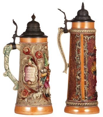 Three Diesinger steins, pottery, 1.0L, transfer & hand-painted with relief; with, 1.0L, 801, relief, lid tear & strap repair; with, 13.0" ht., 603, relief, all have pewter lids, good condition. - 4