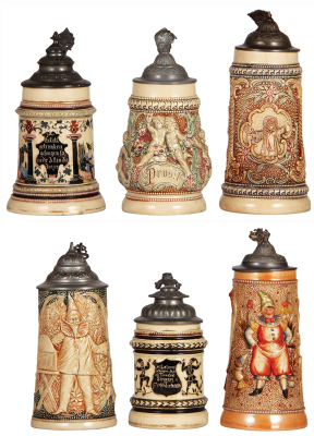 Six Diesinger steins, pottery, .5L, 1367, threading, base chip, gold wear; with, .5L, 9, relief; with, .5L, relief, two hairlines; with, .25L, threading, a little gold wear; with, .5L, 775, relief; with, .5L, 774, relief, lid dents, base flake, all have p