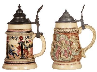 Six Diesinger steins, pottery, .5L, 1367, threading, base chip, gold wear; with, .5L, 9, relief; with, .5L, relief, two hairlines; with, .25L, threading, a little gold wear; with, .5L, 775, relief; with, .5L, 774, relief, lid dents, base flake, all have p - 2