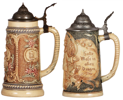 Six Diesinger steins, pottery, .5L, 1367, threading, base chip, gold wear; with, .5L, 9, relief; with, .5L, relief, two hairlines; with, .25L, threading, a little gold wear; with, .5L, 775, relief; with, .5L, 774, relief, lid dents, base flake, all have p - 3