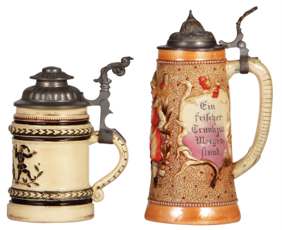 Six Diesinger steins, pottery, .5L, 1367, threading, base chip, gold wear; with, .5L, 9, relief; with, .5L, relief, two hairlines; with, .25L, threading, a little gold wear; with, .5L, 775, relief; with, .5L, 774, relief, lid dents, base flake, all have p - 4