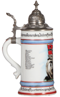 Third Reich stein, .5L, porcelain, Die Unteroffiziervereinigung der 5. [S] Kompanie Kraftradschützen Batl. 2, Eisenach, roster, Unteroffizier Wipfler, pewter lid, mint. A DETAILED PHOTO OF THE BODY & THE LID IS AVAILABLE, PLEASE EMAIL YOUR REQUEST. - 3