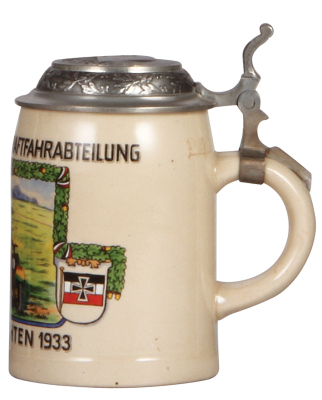 Third Reich stein, .5L, pottery, 4. [Preuss.] Komp. 5. Kraftfahrabteilung, Weihnachten, 1933, pewter lid with helmet finial with relief swastika, excellent pewter strap repair, otherwise mint. A DETAILED PHOTO OF THE BODY & THE LID IS AVAILABLE, PLEASE EM - 2