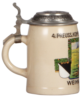 Third Reich stein, .5L, pottery, 4. [Preuss.] Komp. 5. Kraftfahrabteilung, Weihnachten, 1933, pewter lid with helmet finial with relief swastika, excellent pewter strap repair, otherwise mint. A DETAILED PHOTO OF THE BODY & THE LID IS AVAILABLE, PLEASE EM - 3