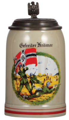 Third Reich stein, .5L, modern [New], marked Allach SS, Infantry scene with large flag, pewter lid with helmet, mint. A DETAILED PHOTO OF THE BODY & THE LID IS AVAILABLE, PLEASE EMAIL YOUR REQUEST.