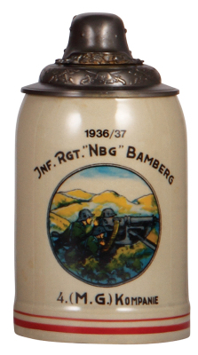 Third Reich stein, .5L, modern [New], marked Allach SS, Infantry MG scene, pewter lid with helmet, mint. A DETAILED PHOTO OF THE BODY & THE LID IS AVAILABLE, PLEASE EMAIL YOUR REQUEST.