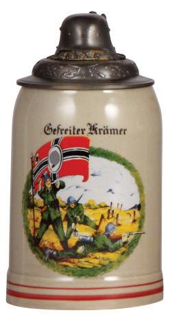 Third Reich stein, .5L, modern [New], marked Allach SS, Infantry scene with large flag, pewter lid with helmet, mint. A DETAILED PHOTO OF THE BODY & THE LID IS AVAILABLE, PLEASE EMAIL YOUR REQUEST.