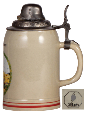 Third Reich stein, .5L, modern [New], marked Allach SS, Infantry scene with large flag, pewter lid with helmet, mint. A DETAILED PHOTO OF THE BODY & THE LID IS AVAILABLE, PLEASE EMAIL YOUR REQUEST. - 2