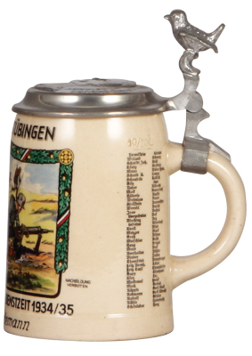 Third Reich stein, .5L, pottery, 9. / Inft. Regt. Tübingen, 1934 - 1935, roster, owner's name, pewter lid with relief v. Hindenburg, mint. A DETAILED PHOTO OF THE BODY & THE LID IS AVAILABLE, PLEASE EMAIL YOUR REQUEST. - 2