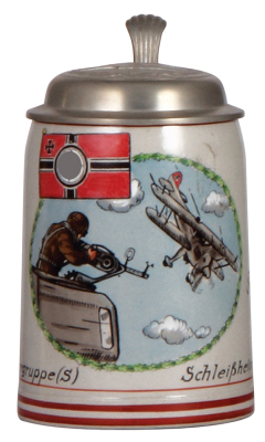 Third Reich stein, .5L, stoneware, Fliegergruppe [S] Schleissheim Staffel 4, owner's name, pewter lid with relief helmet with swastika, mint. A DETAILED PHOTO OF THE BODY & THE LID IS AVAILABLE, PLEASE EMAIL YOUR REQUEST. 