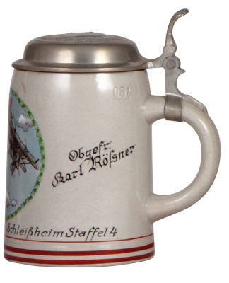 Third Reich stein, .5L, stoneware, Fliegergruppe [S] Schleissheim Staffel 4, owner's name, pewter lid with relief helmet with swastika, mint. A DETAILED PHOTO OF THE BODY & THE LID IS AVAILABLE, PLEASE EMAIL YOUR REQUEST.  - 2