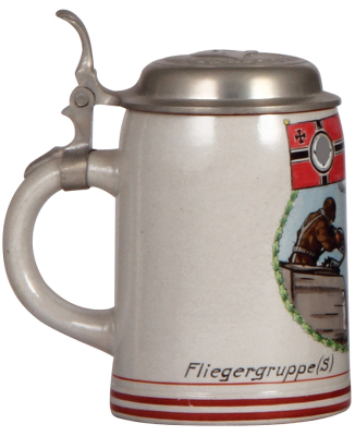 Third Reich stein, .5L, stoneware, Fliegergruppe [S] Schleissheim Staffel 4, owner's name, pewter lid with relief helmet with swastika, mint. A DETAILED PHOTO OF THE BODY & THE LID IS AVAILABLE, PLEASE EMAIL YOUR REQUEST.  - 3